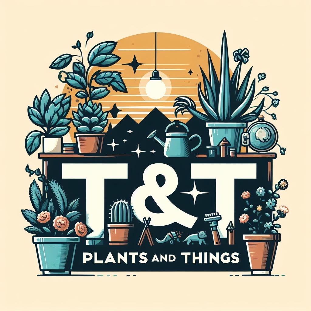 Illustration of plants and gardening items with 'T & T Plants and Things' branding.