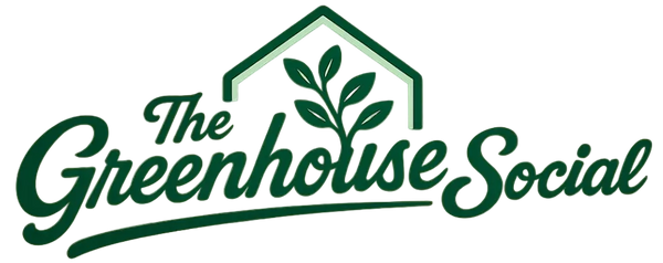 Logo of The Greenhouse Social with a stylized greenhouse and leaves on a white background